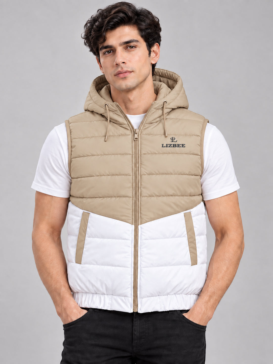 ZYRONA X LIZBEE Men's Dual-Tone Hooded Sleeveless Puffer Jacket