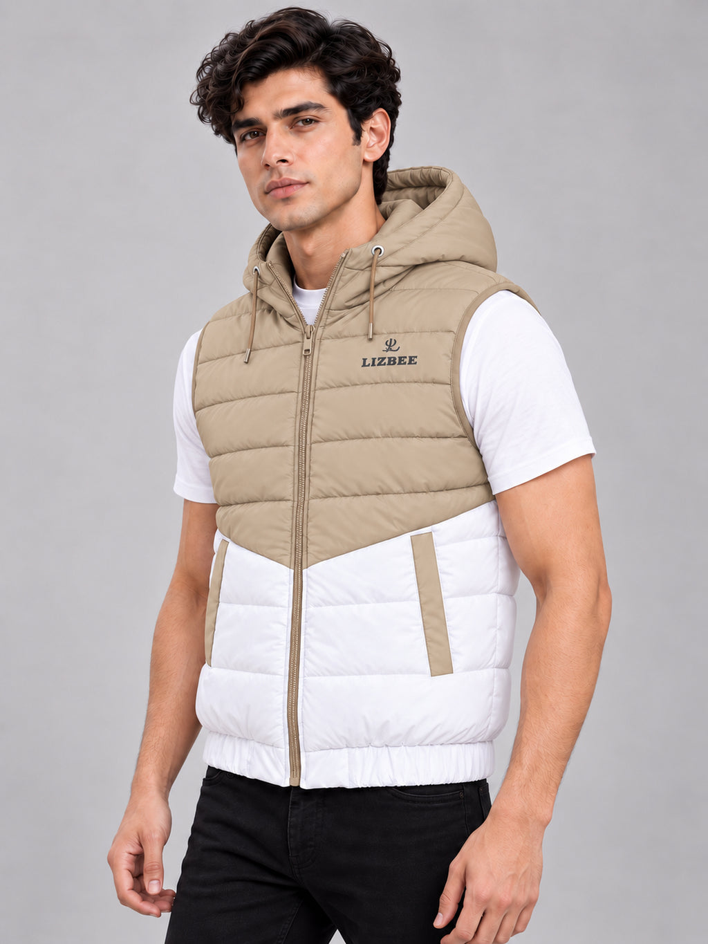 ZYRONA X LIZBEE Men's Dual-Tone Hooded Sleeveless Puffer Jacket