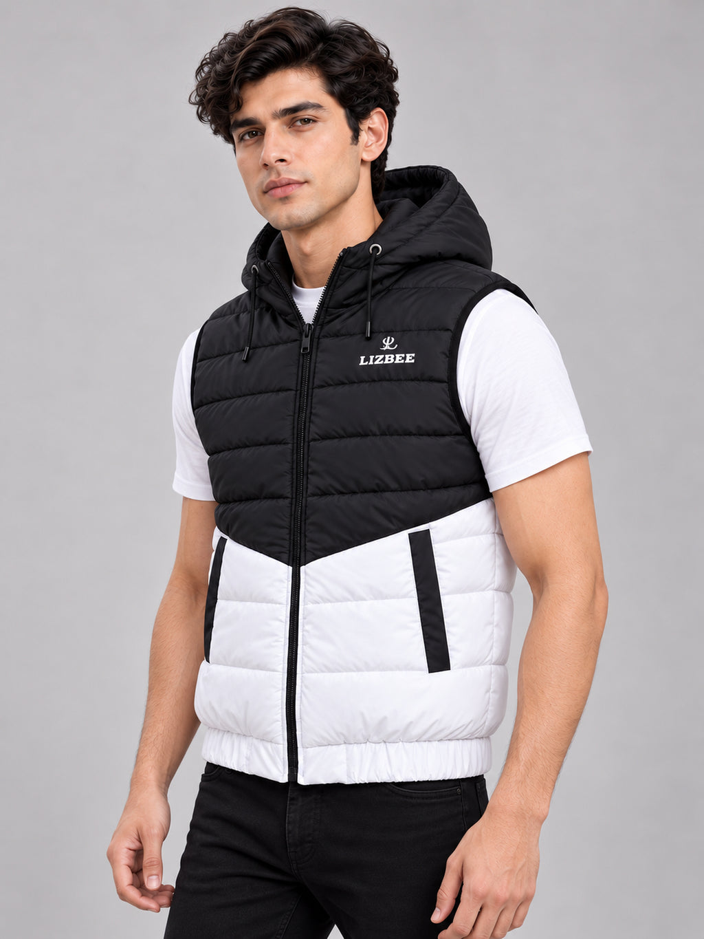 ZYRONA X LIZBEE Men's Dual-Tone Hooded Sleeveless Puffer Jacket