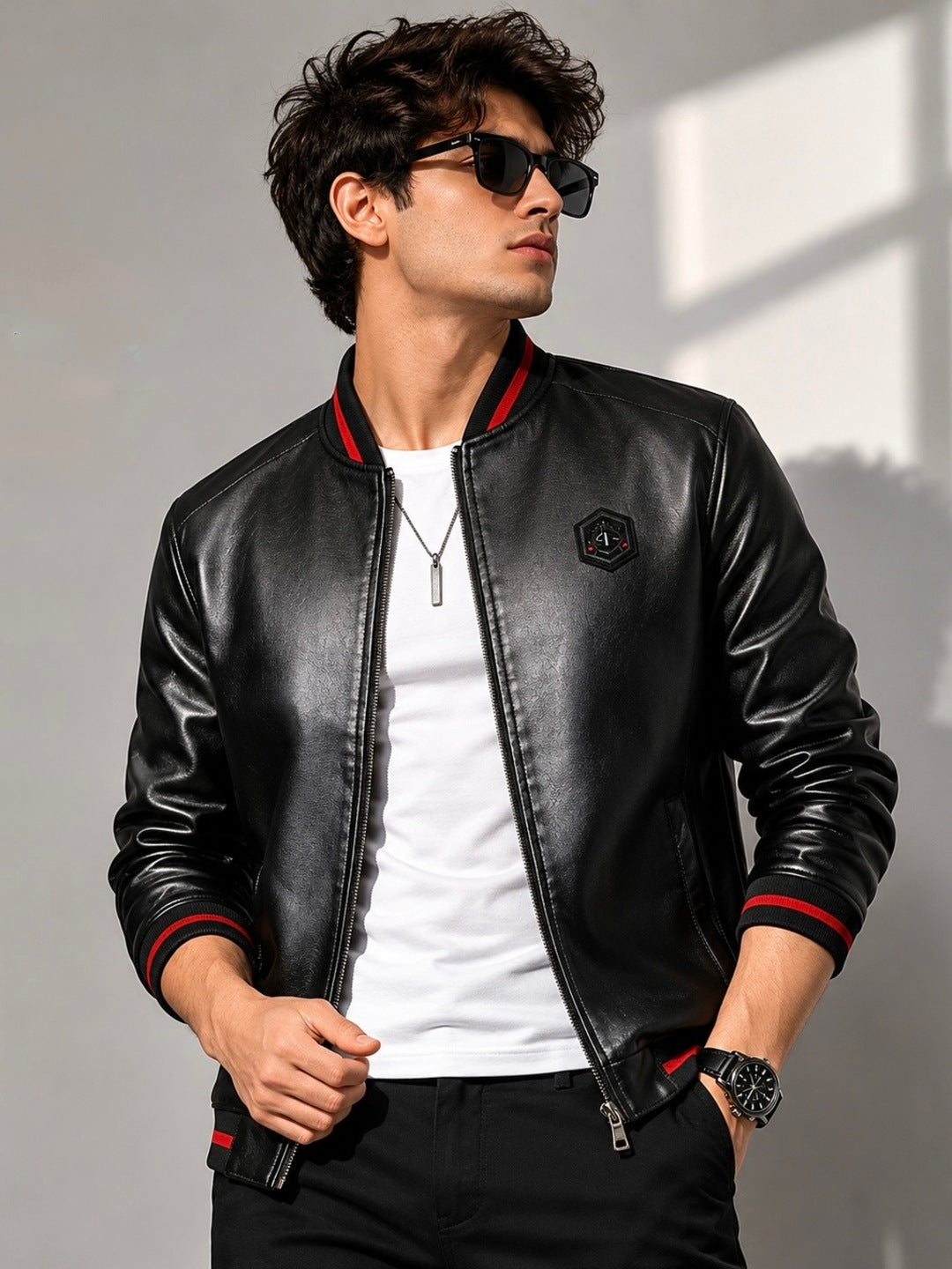 ZYRONA Men Striped Collar Faux Leather Bomber Jacket