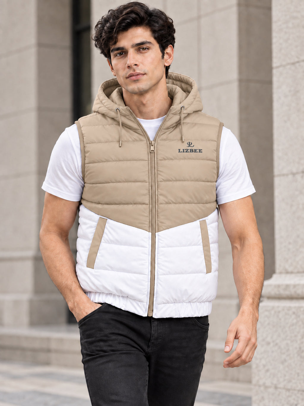 ZYRONA X LIZBEE Men's Dual-Tone Hooded Sleeveless Puffer Jacket