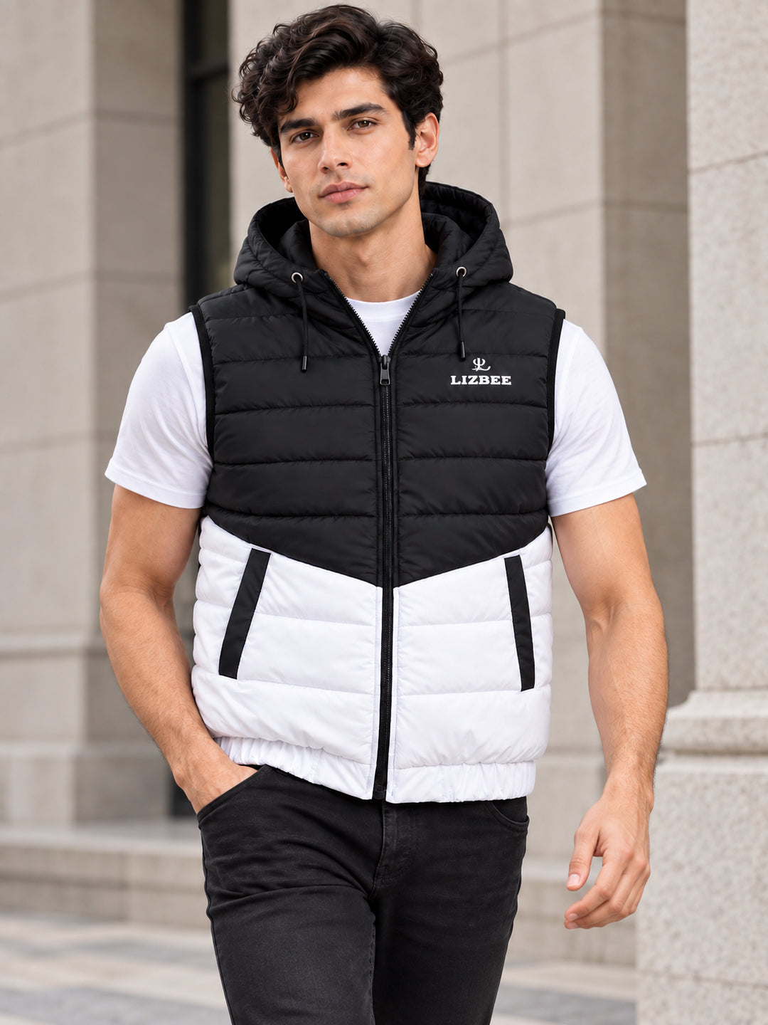 ZYRONA X LIZBEE Men's Dual-Tone Hooded Sleeveless Puffer Jacket