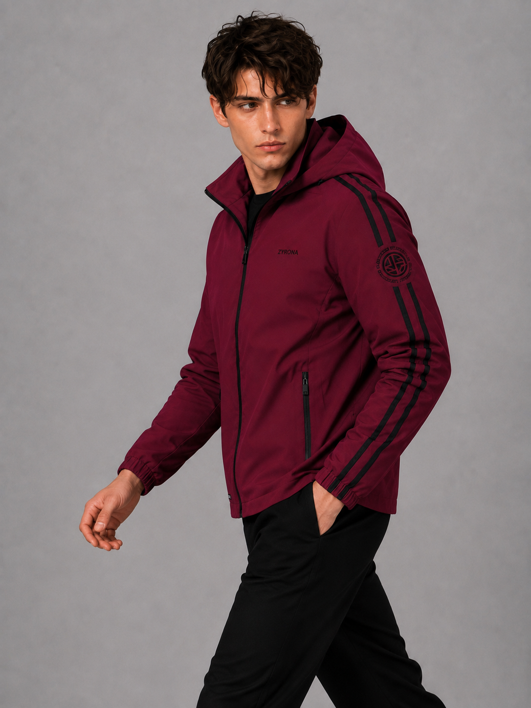 Zyrona Men's Solid Hooded Windbreaker Jacket