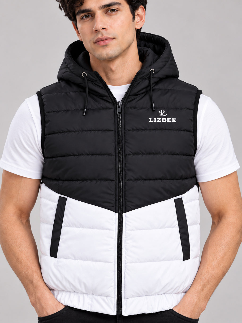 ZYRONA X LIZBEE Men's Dual-Tone Hooded Sleeveless Puffer Jacket