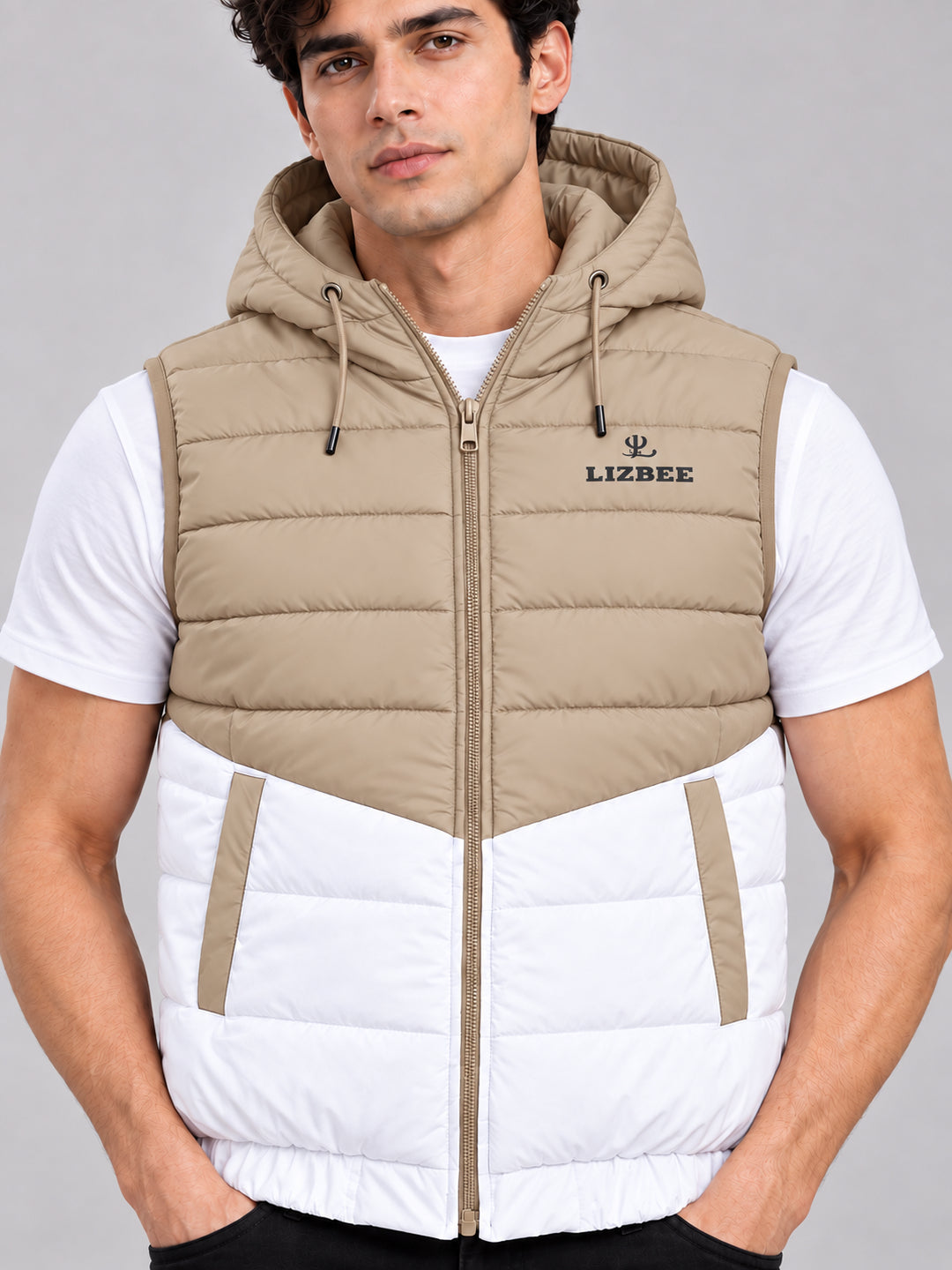 ZYRONA X LIZBEE Men's Dual-Tone Hooded Sleeveless Puffer Jacket