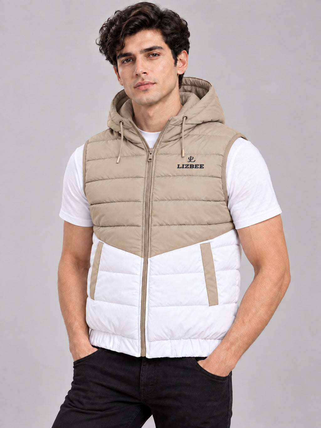 ZYRONA X LIZBEE Men's Dual-Tone Hooded Sleeveless Puffer Jacket