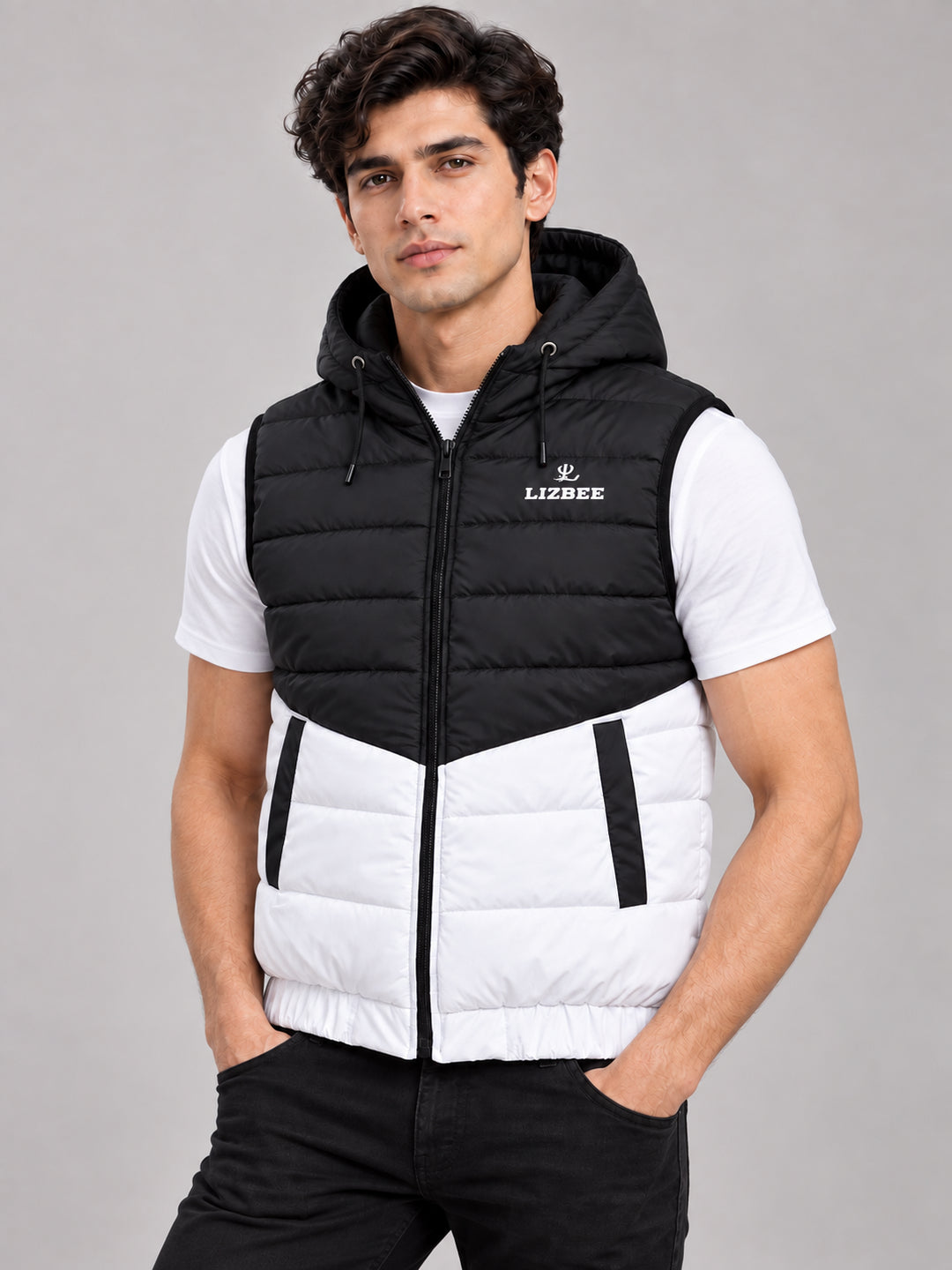 ZYRONA X LIZBEE Men's Dual-Tone Hooded Sleeveless Puffer Jacket