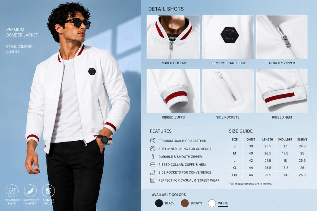 ZYRONA Men Striped Collar Faux Leather Bomber Jacket