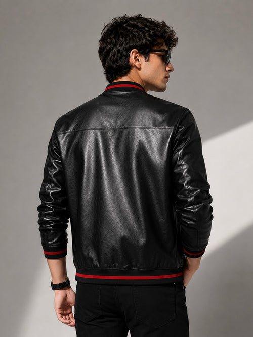 ZYRONA Men Striped Collar Faux Leather Bomber Jacket