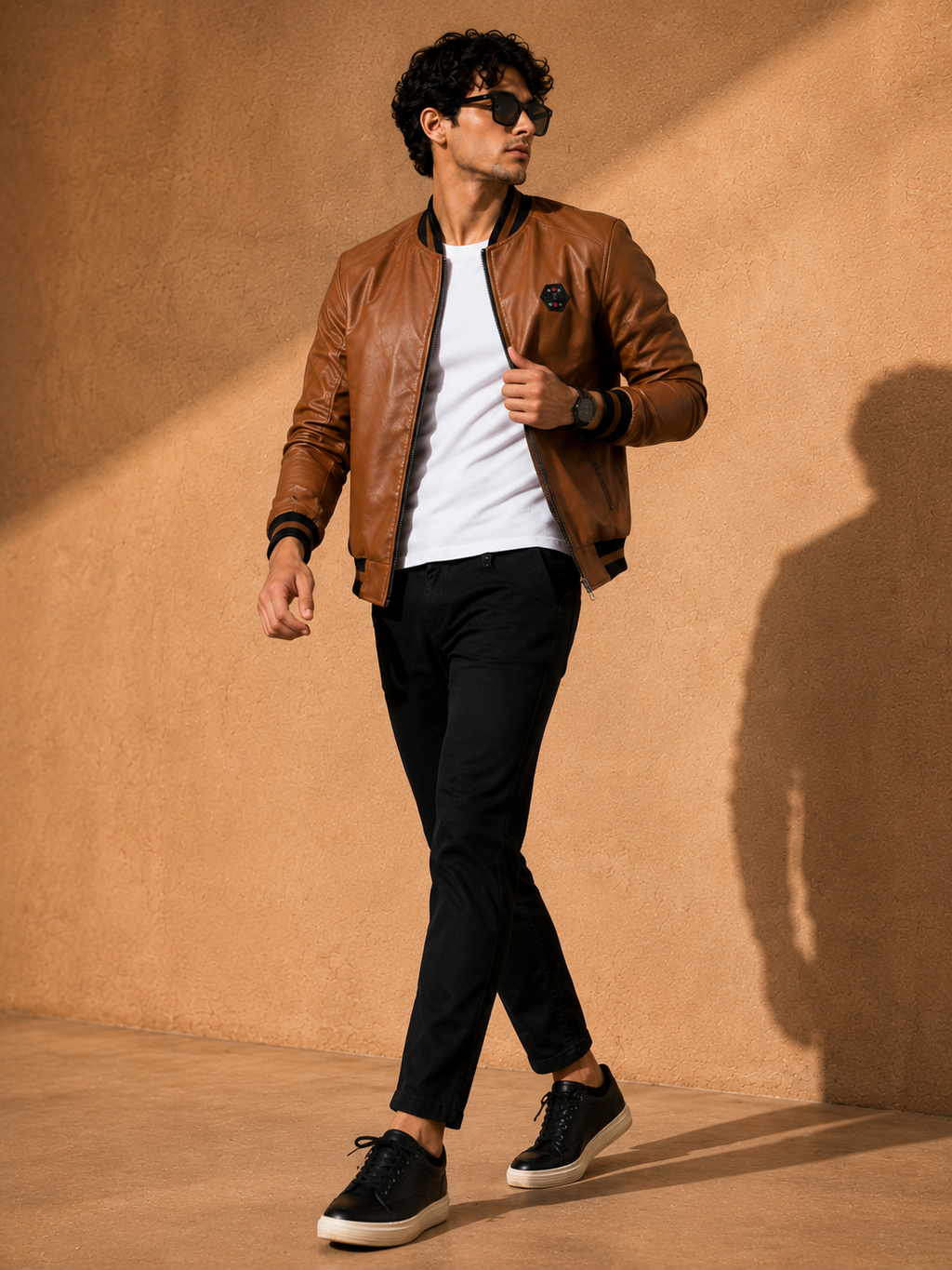 ZYRONA Men Striped Collar Faux Leather Bomber Jacket