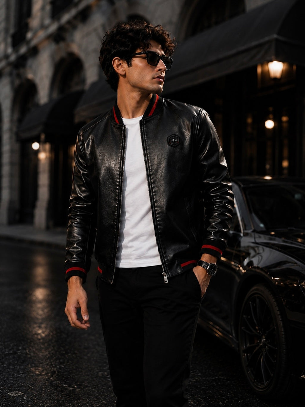 ZYRONA Men Striped Collar Faux Leather Bomber Jacket