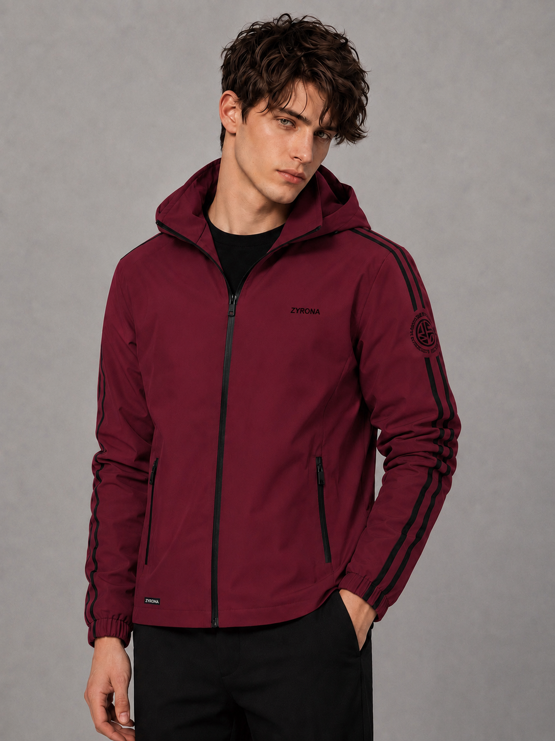 Zyrona Men's Solid Hooded Windbreaker Jacket
