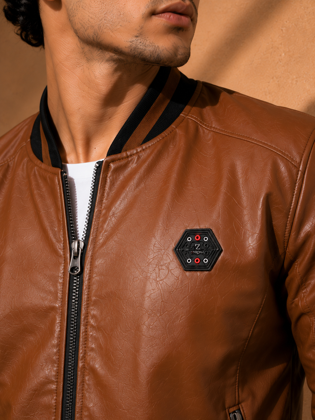 ZYRONA Men Striped Collar Faux Leather Bomber Jacket