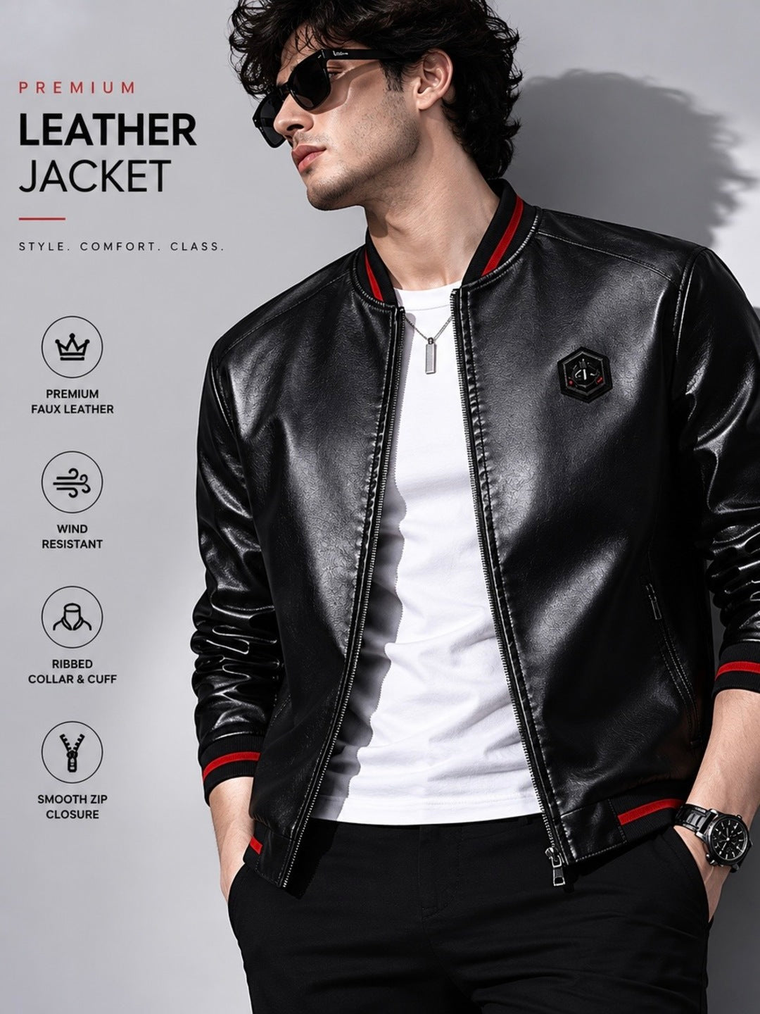 ZYRONA Men Striped Collar Faux Leather Bomber Jacket