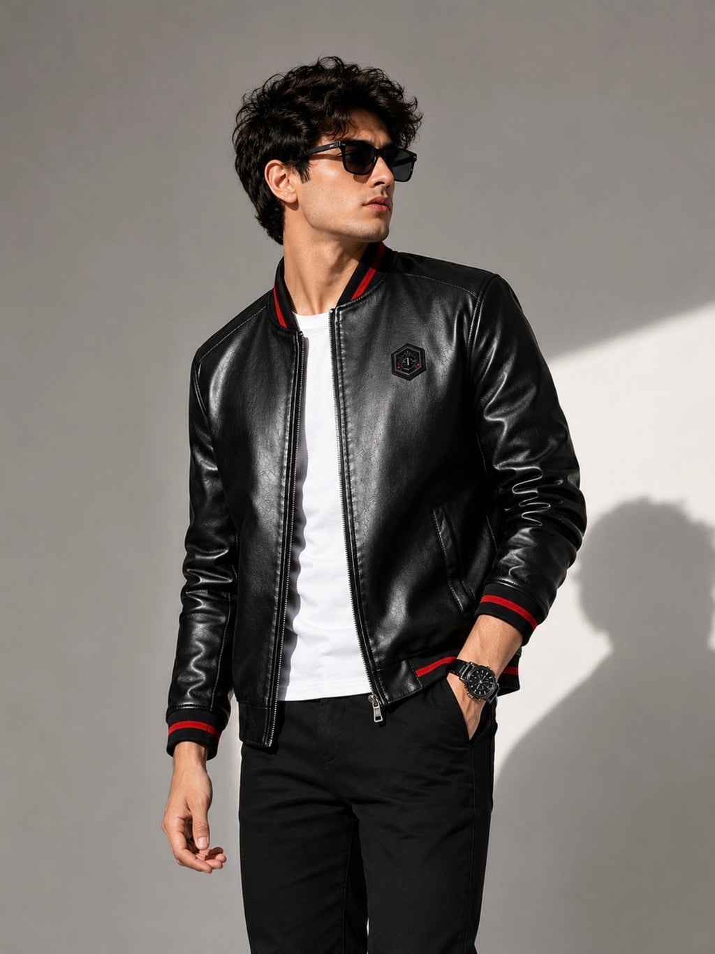 ZYRONA Men Striped Collar Faux Leather Bomber Jacket