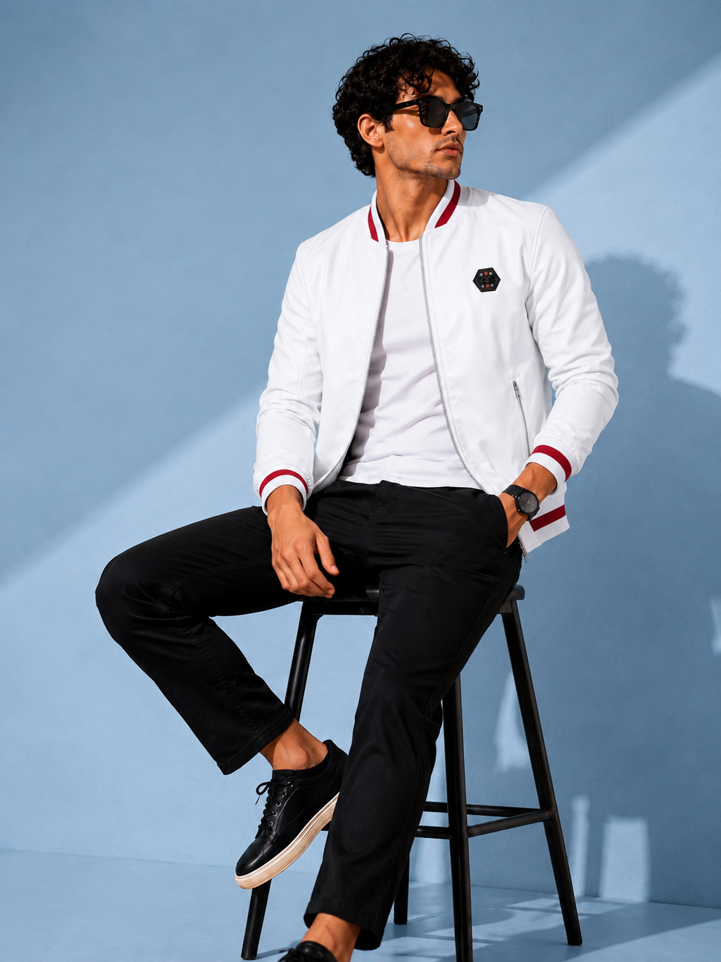 ZYRONA Men Striped Collar Faux Leather Bomber Jacket