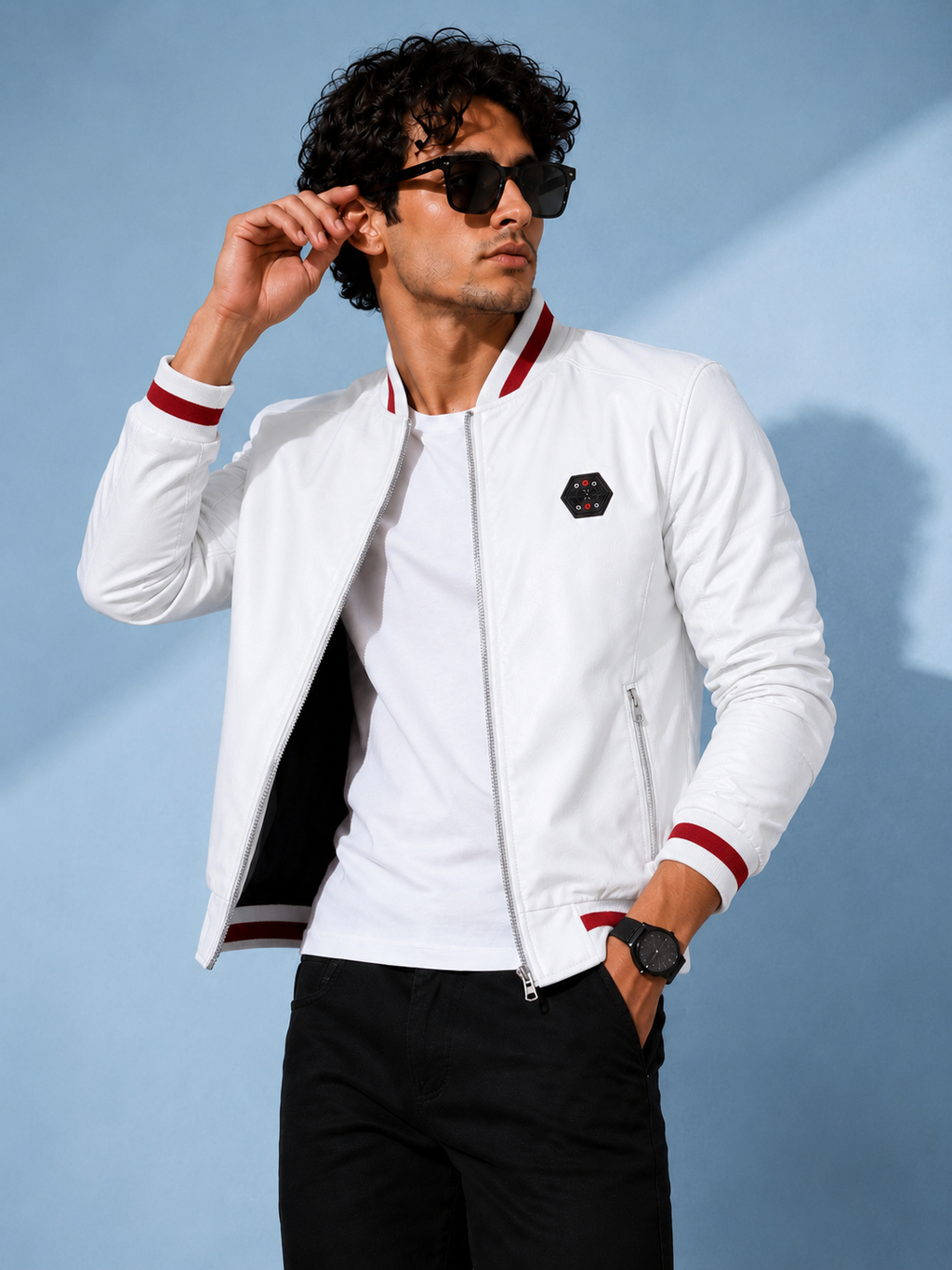 ZYRONA Men Striped Collar Faux Leather Bomber Jacket