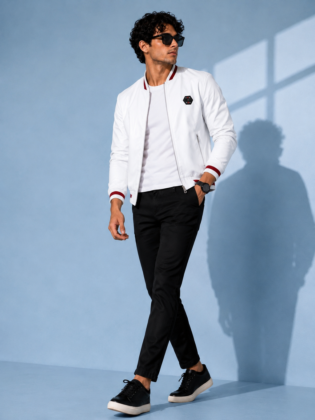 ZYRONA Men Striped Collar Faux Leather Bomber Jacket