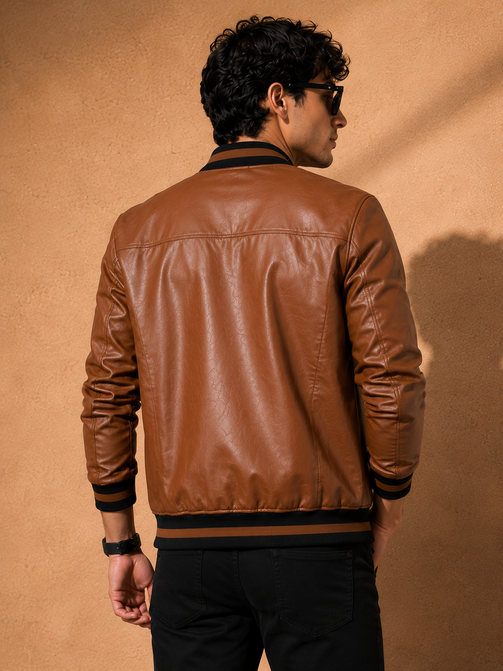 ZYRONA Men Striped Collar Faux Leather Bomber Jacket