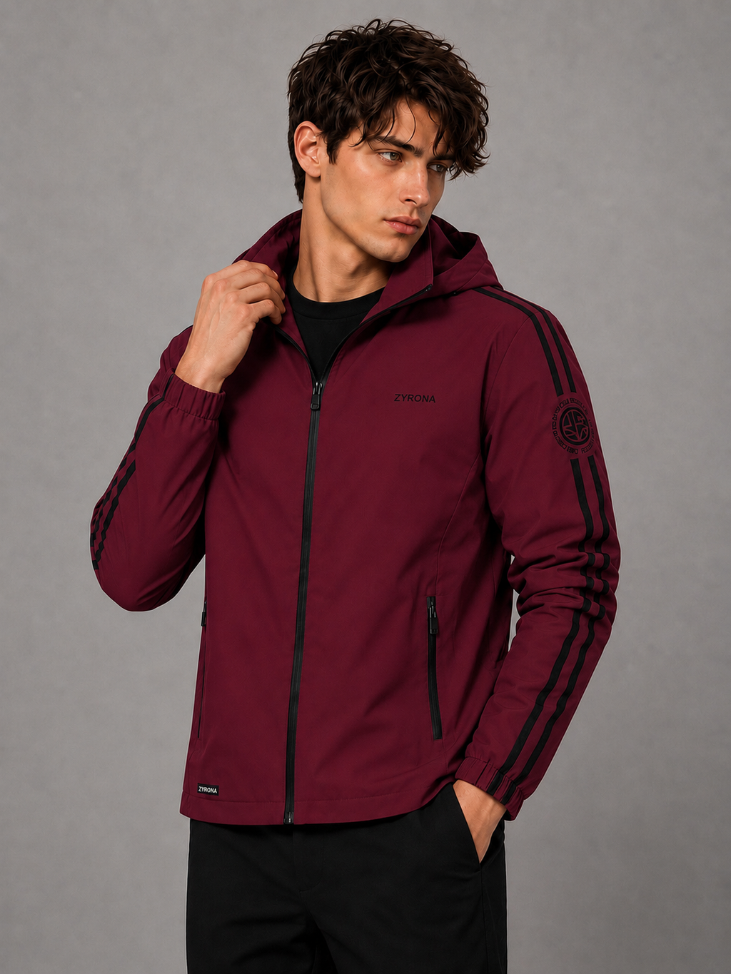 Zyrona Men's Solid Hooded Windbreaker Jacket