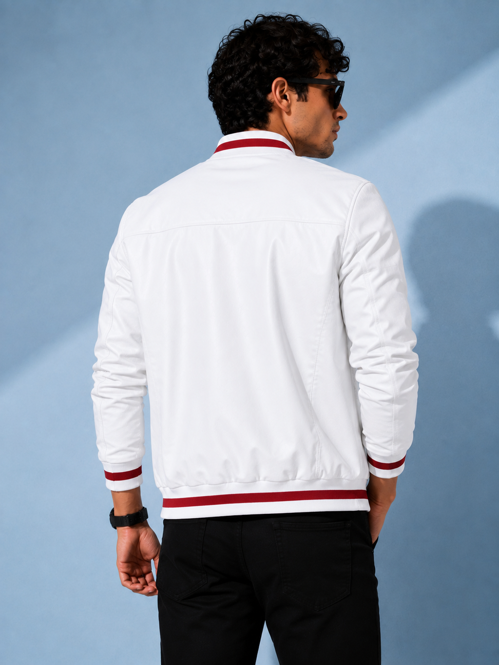 ZYRONA Men Striped Collar Faux Leather Bomber Jacket