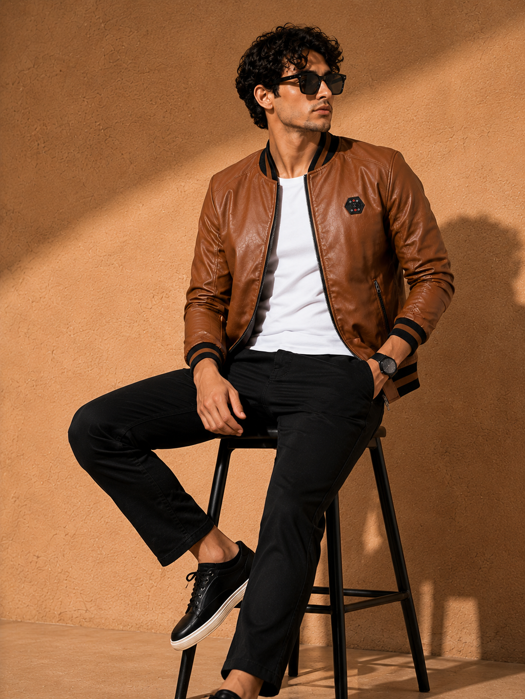 ZYRONA Men Striped Collar Faux Leather Bomber Jacket