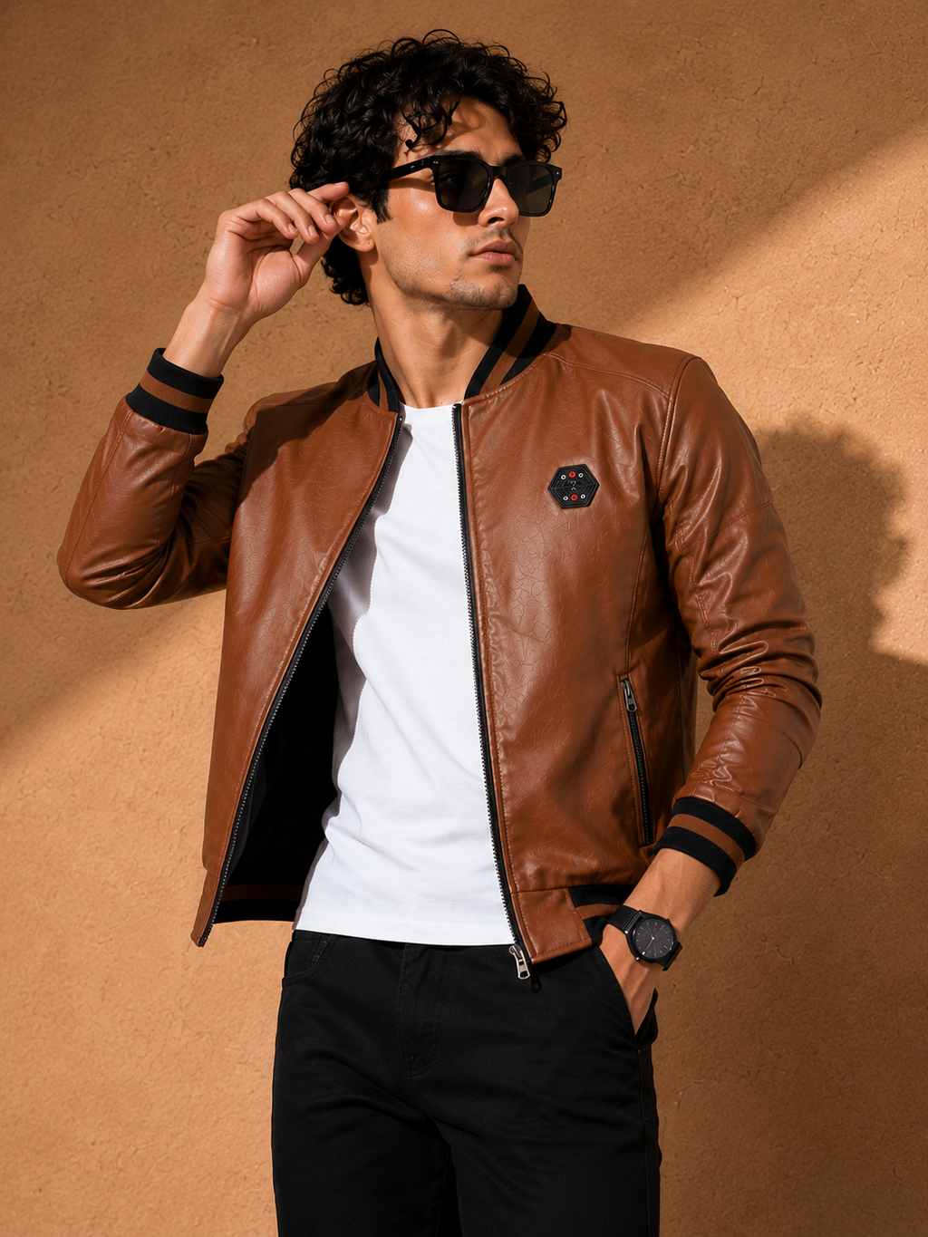 ZYRONA Men Striped Collar Faux Leather Bomber Jacket