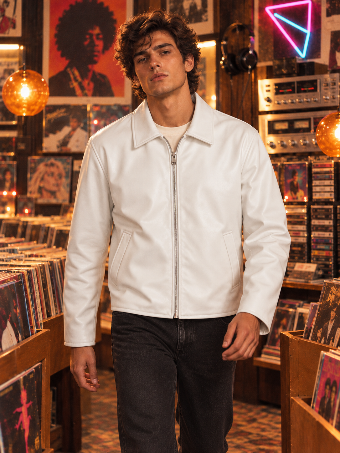 ZYRONA Men 80s Styled Solid Faux Leather Jacket