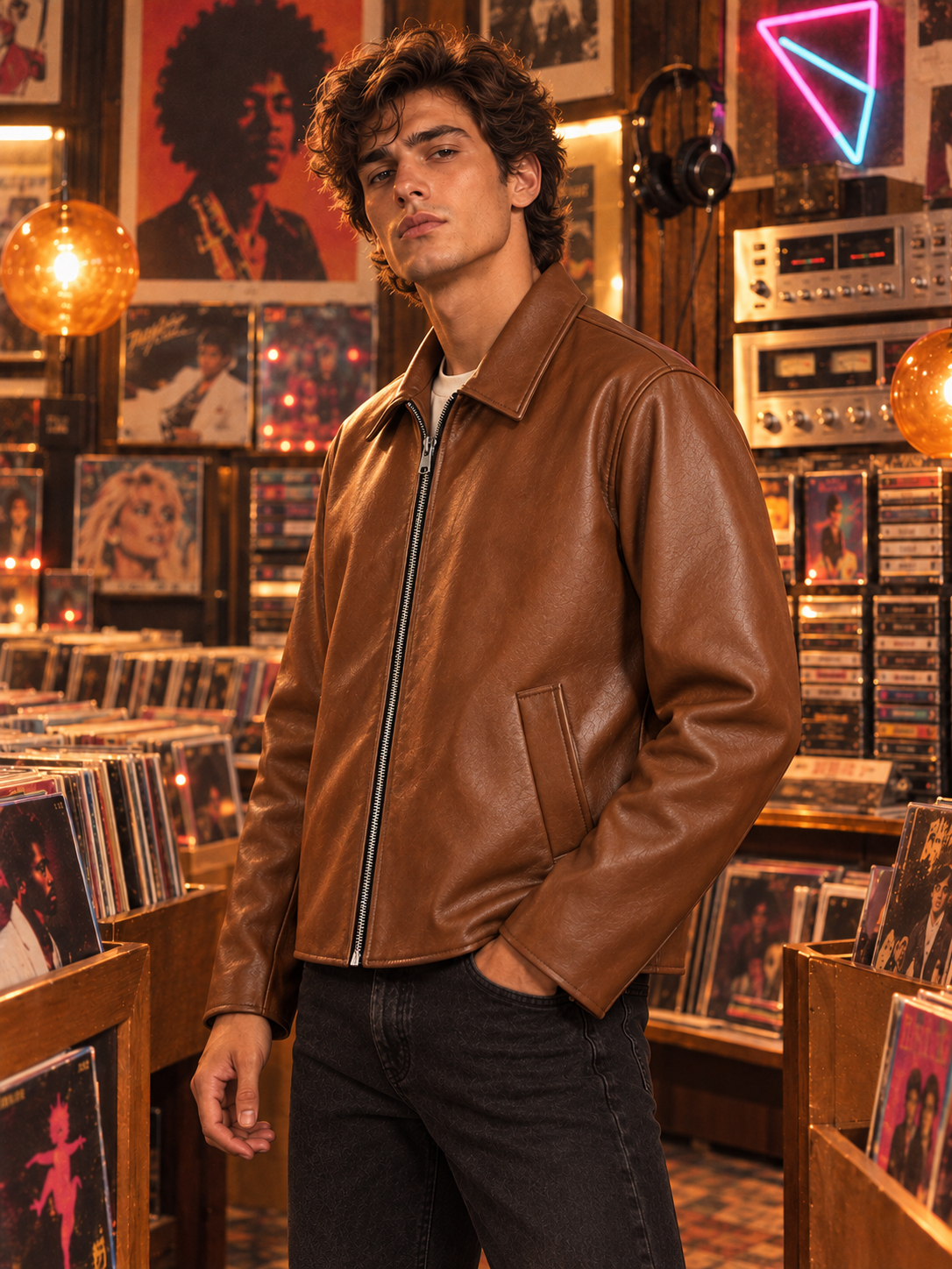ZYRONA Men 80s Styled Solid Faux Leather Jacket
