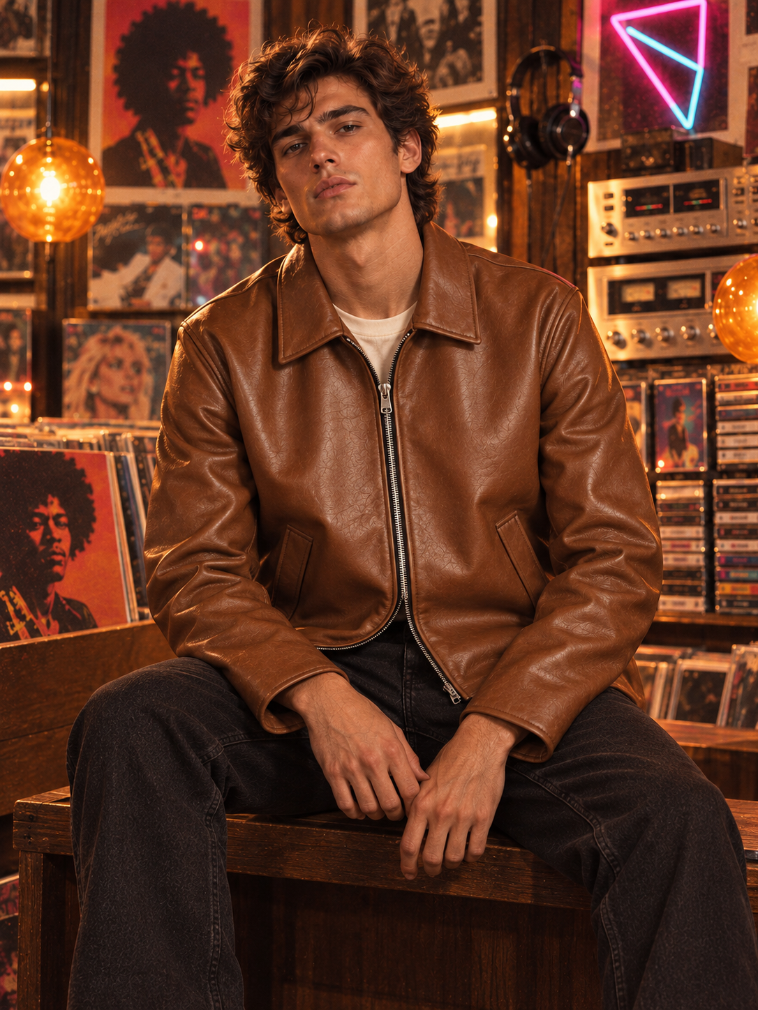 ZYRONA Men 80s Styled Solid Faux Leather Jacket