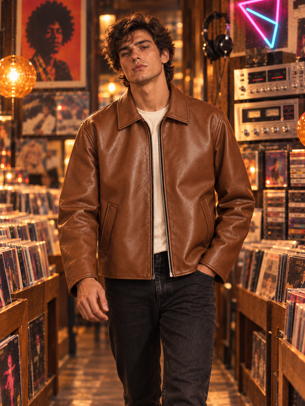 ZYRONA Men 80s Styled Solid Faux Leather Jacket
