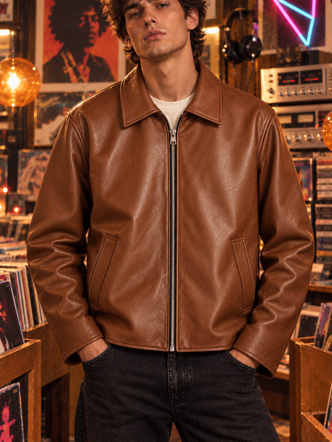 ZYRONA Men 80s Styled Solid Faux Leather Jacket
