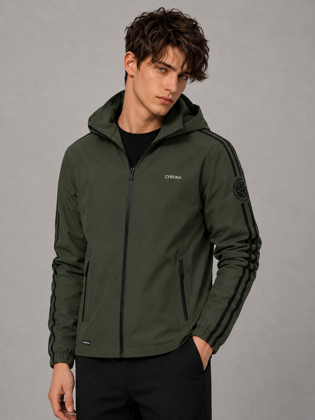 Zyrona Men's Solid Hooded Windbreaker Jacket