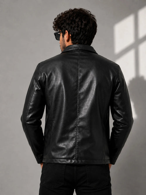 Zyrona Men Collar Faux Leather Jacket
