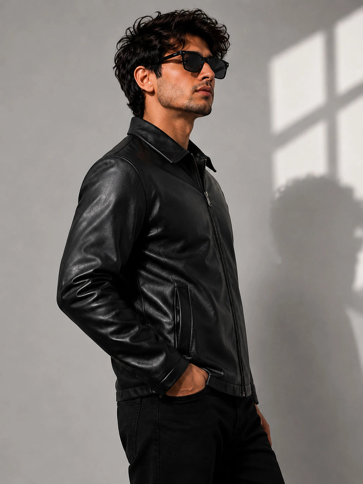 Zyrona Men Collar Faux Leather Jacket