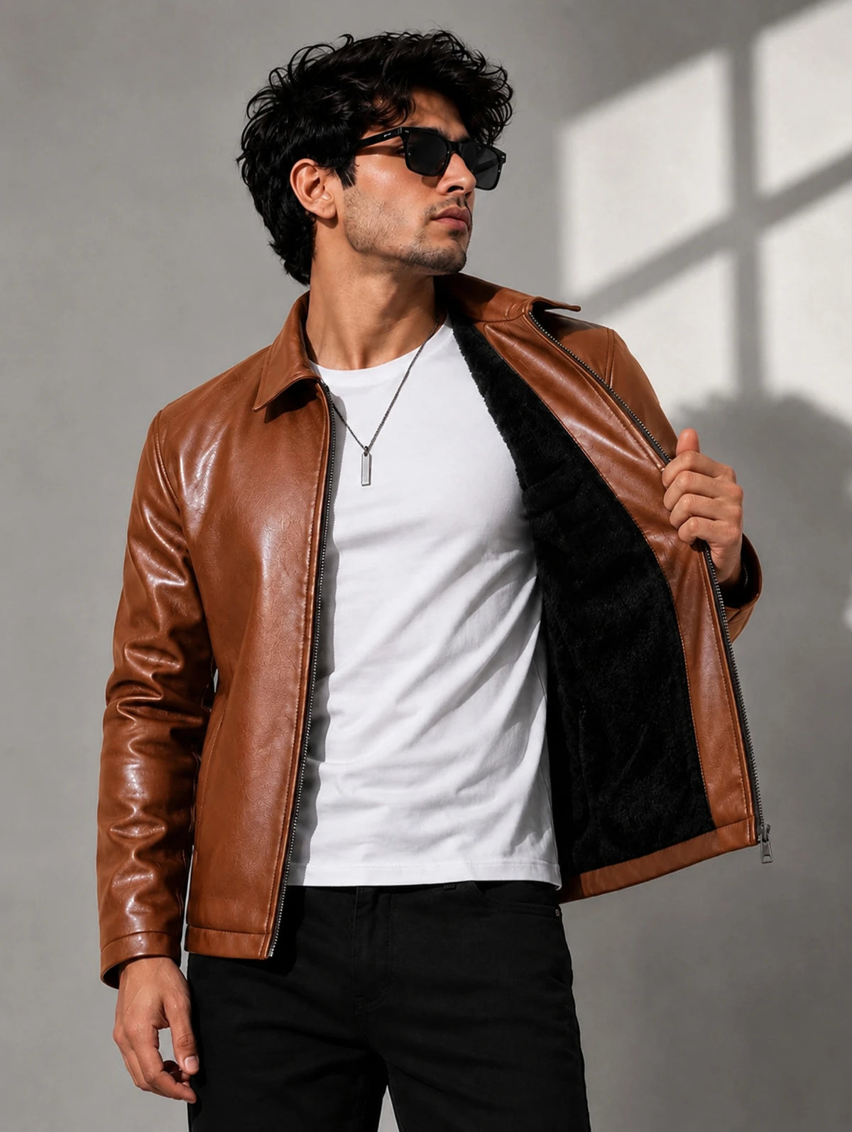 Zyrona Men Collar Faux Leather Jacket