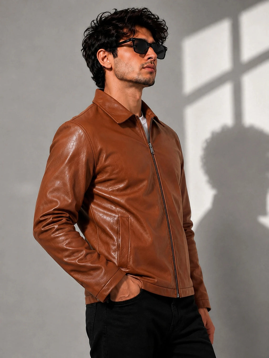 Zyrona Men Collar Faux Leather Jacket