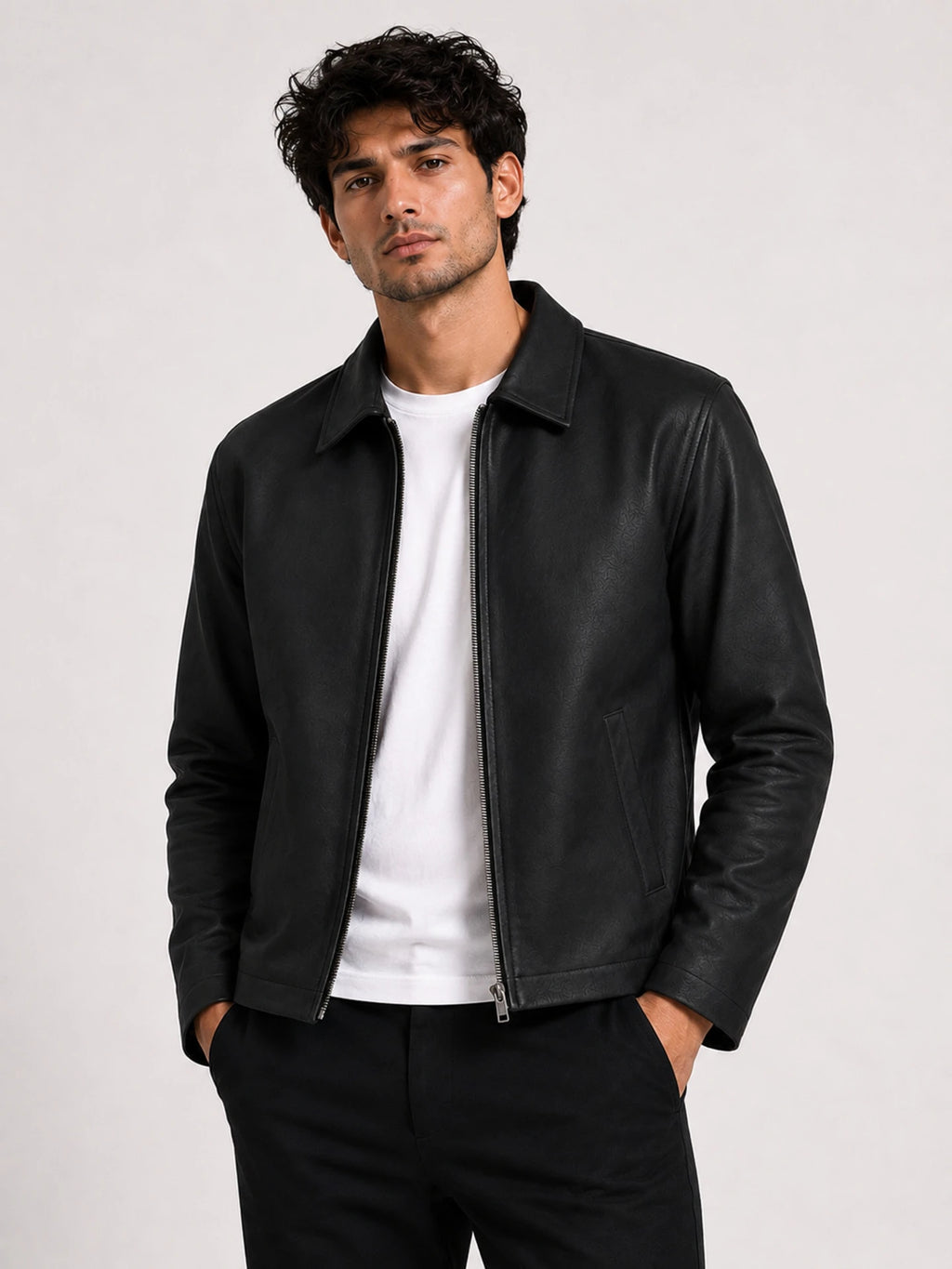 Zyrona Men Collar Faux Leather Jacket