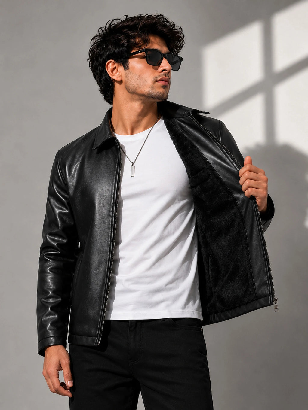 Zyrona Men Collar Faux Leather Jacket